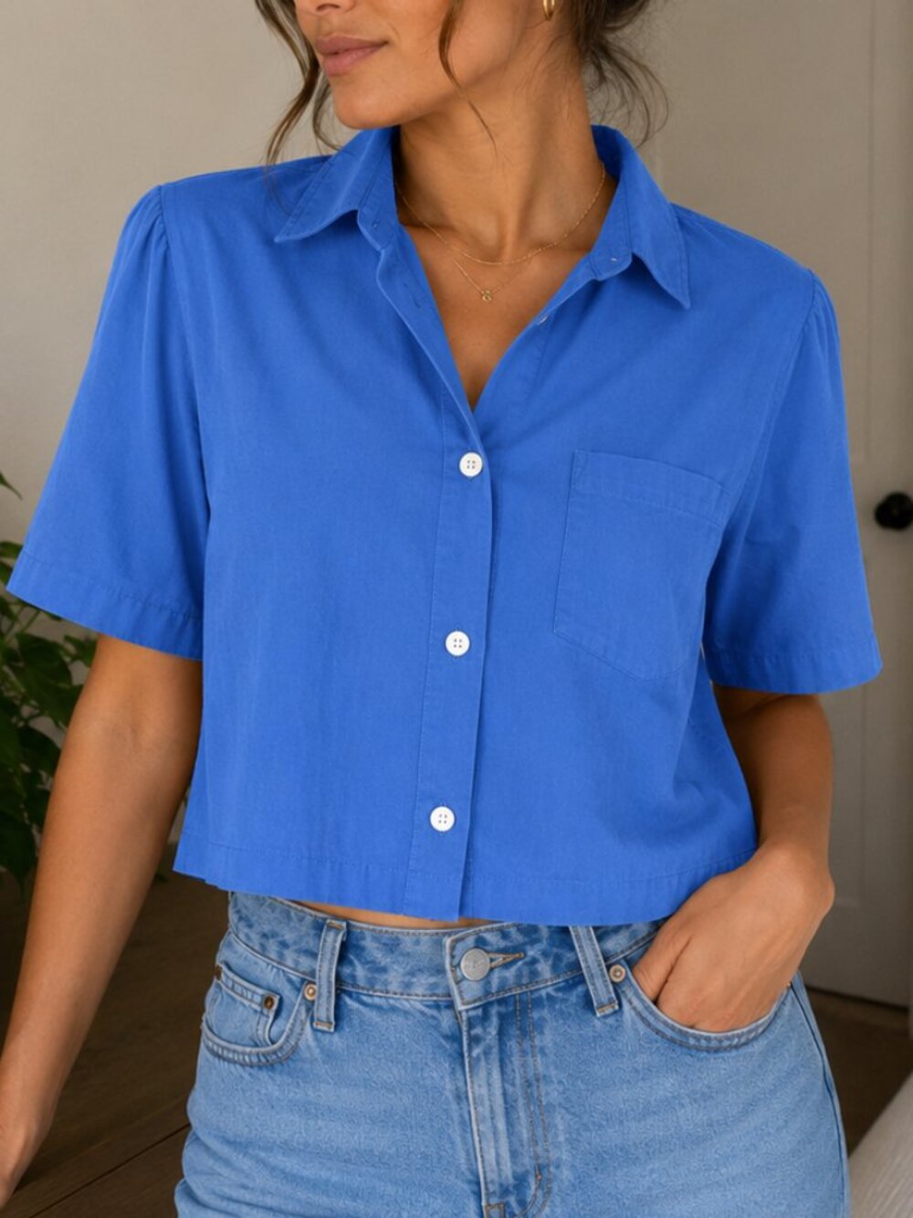 Zara Blue Cropped Boxy Button Up Shirt Pocket Short Sleeve Size Small